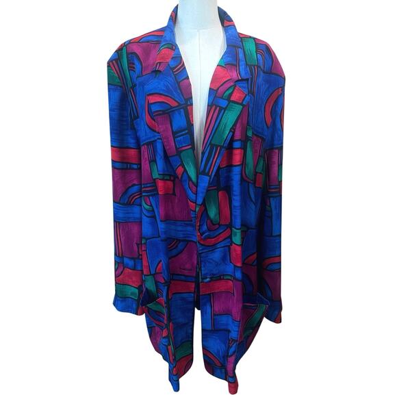 Vintage Abstract Blazer Long Jacket Women SZ 22 Artsy 90s Retro Lightweight USA - Picture 1 of 16